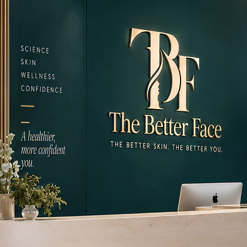 The gold TBF logo and tagline on dark teal panelling above the front desk