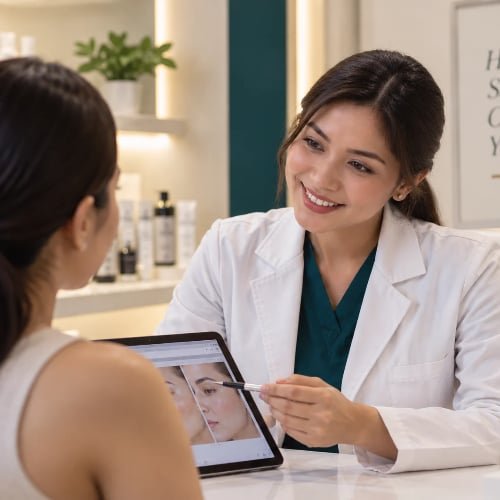 A clinician in a white coat talking a client through her skin assessment on a tablet