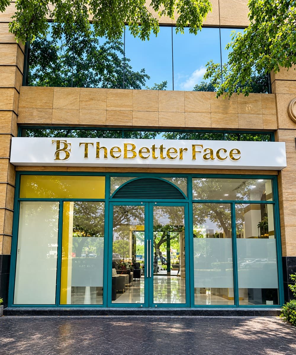 The Better Face clinic front: the gold The Better Face sign above teal-framed glass doors, under leafy trees